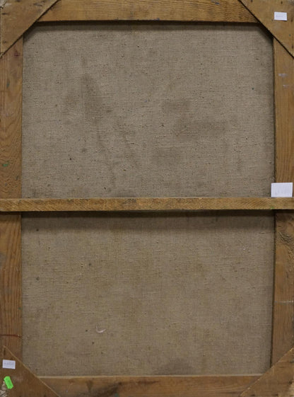 Back of Vladimir Zhugan oil painting Flowers canvas with beige linen panels