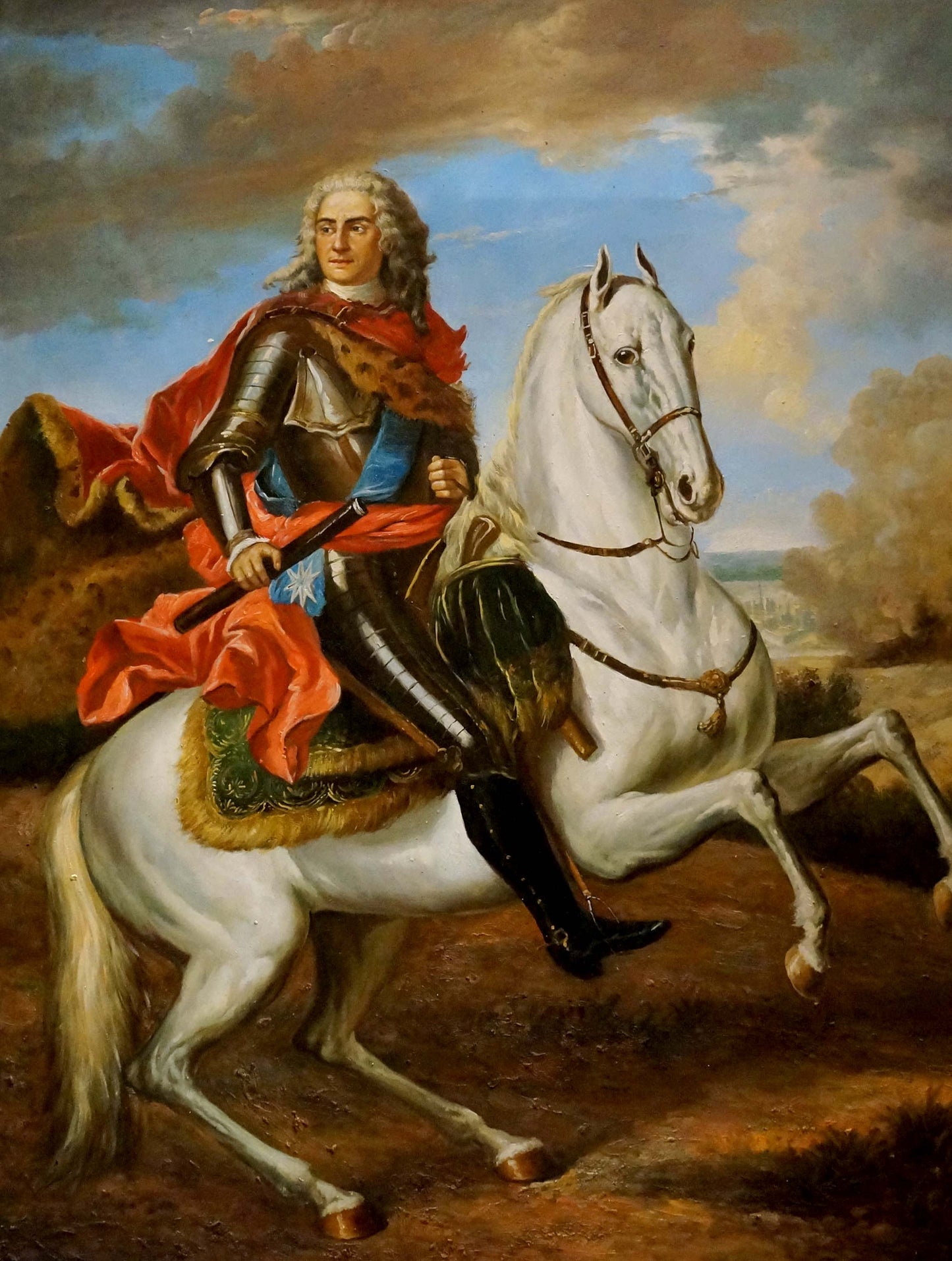 Oil painting portrait of Karl 12 on regal white horse in ornate tack