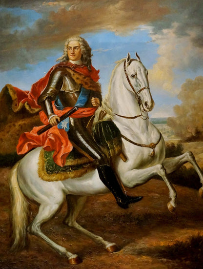 Oil painting portrait of Karl 12 on regal white horse in ornate tack