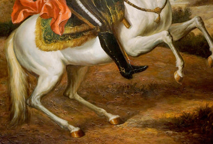Oil painting portrait of Karl 12: white horse with golden saddle blanket and black boot