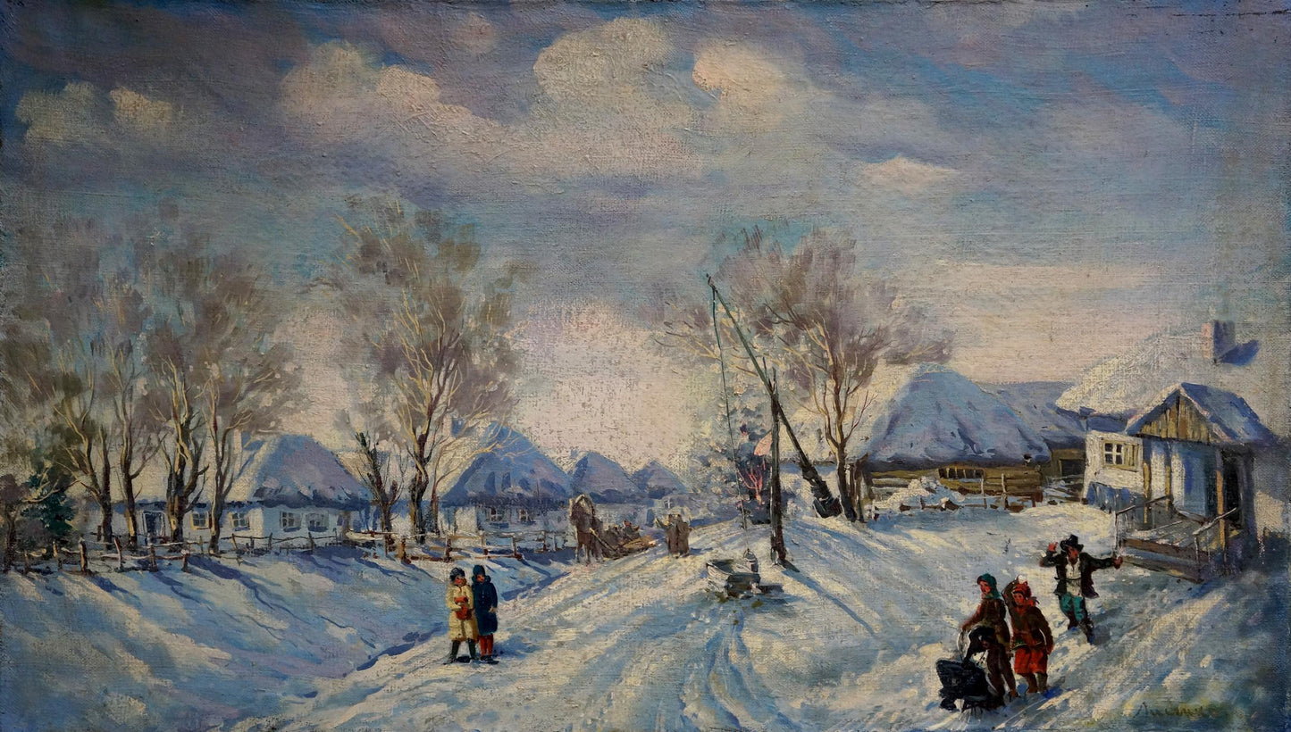 Oil painting Winter by Lysenko Sergey Nikolaevich: snow-covered village with wooden houses