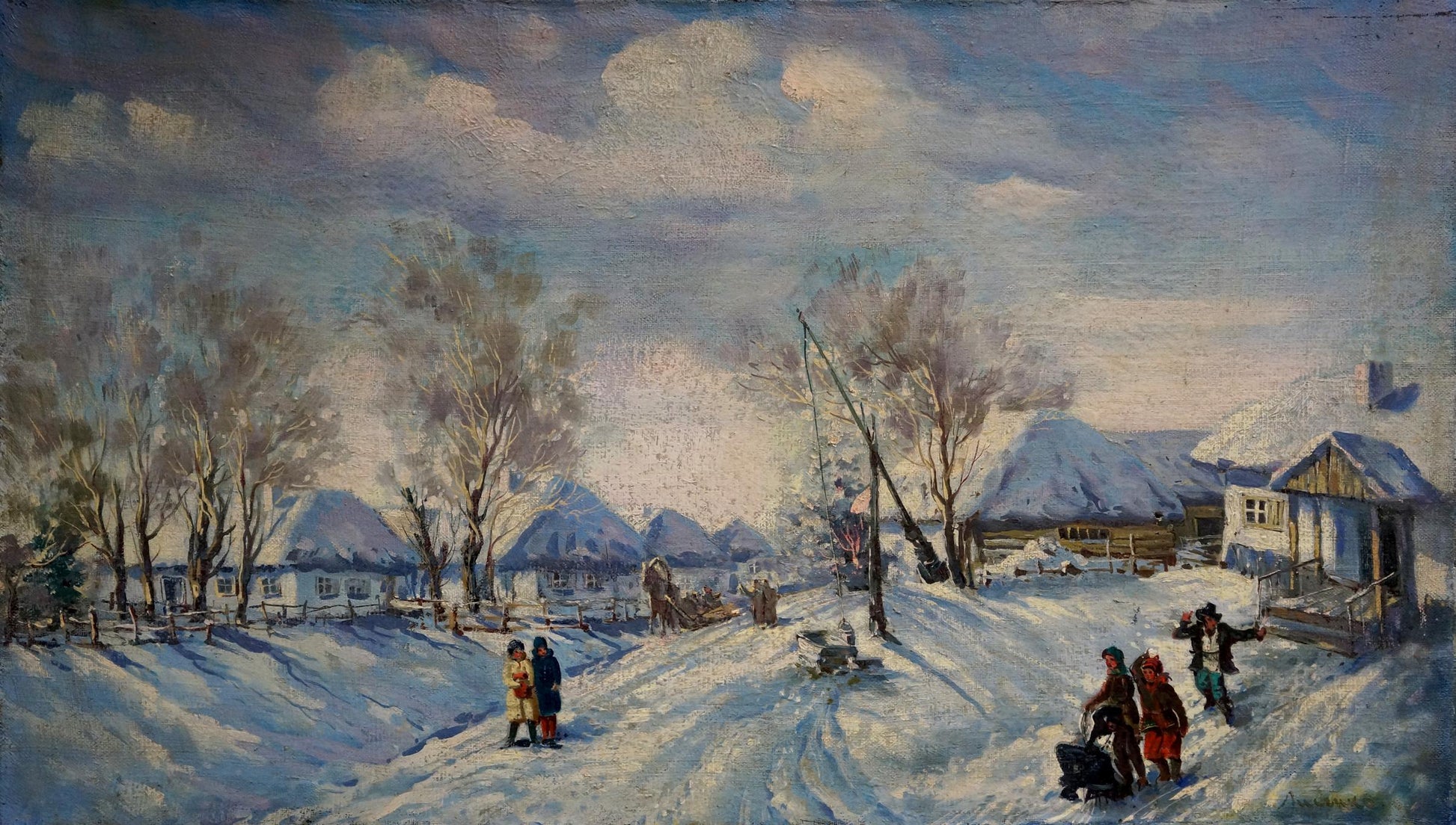 Oil painting Winter by Lysenko Sergey Nikolaevich: snow-covered village with wooden houses