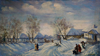 Oil painting Winter by Lysenko Sergey Nikolaevich: snow-covered village with wooden houses