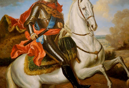 Oil painting portrait of regal knight Karl 12 on white horse