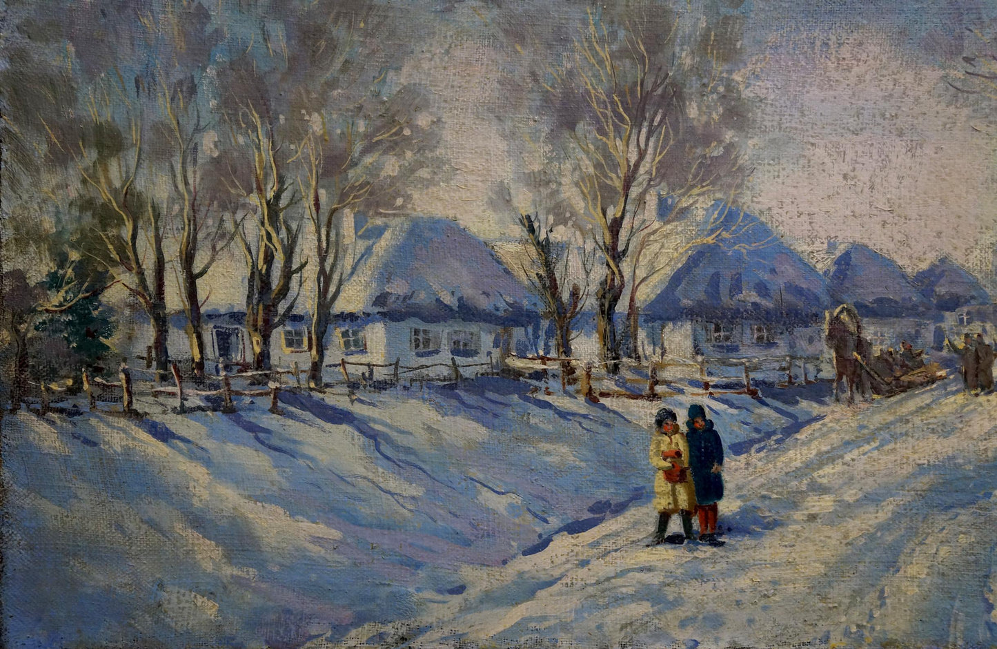 Oil painting Winter by Lysenko Sergey Nikolaevich: snow-covered village with thatched roofs
