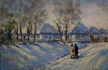 Oil painting Winter by Lysenko Sergey Nikolaevich: snow-covered village with thatched roofs