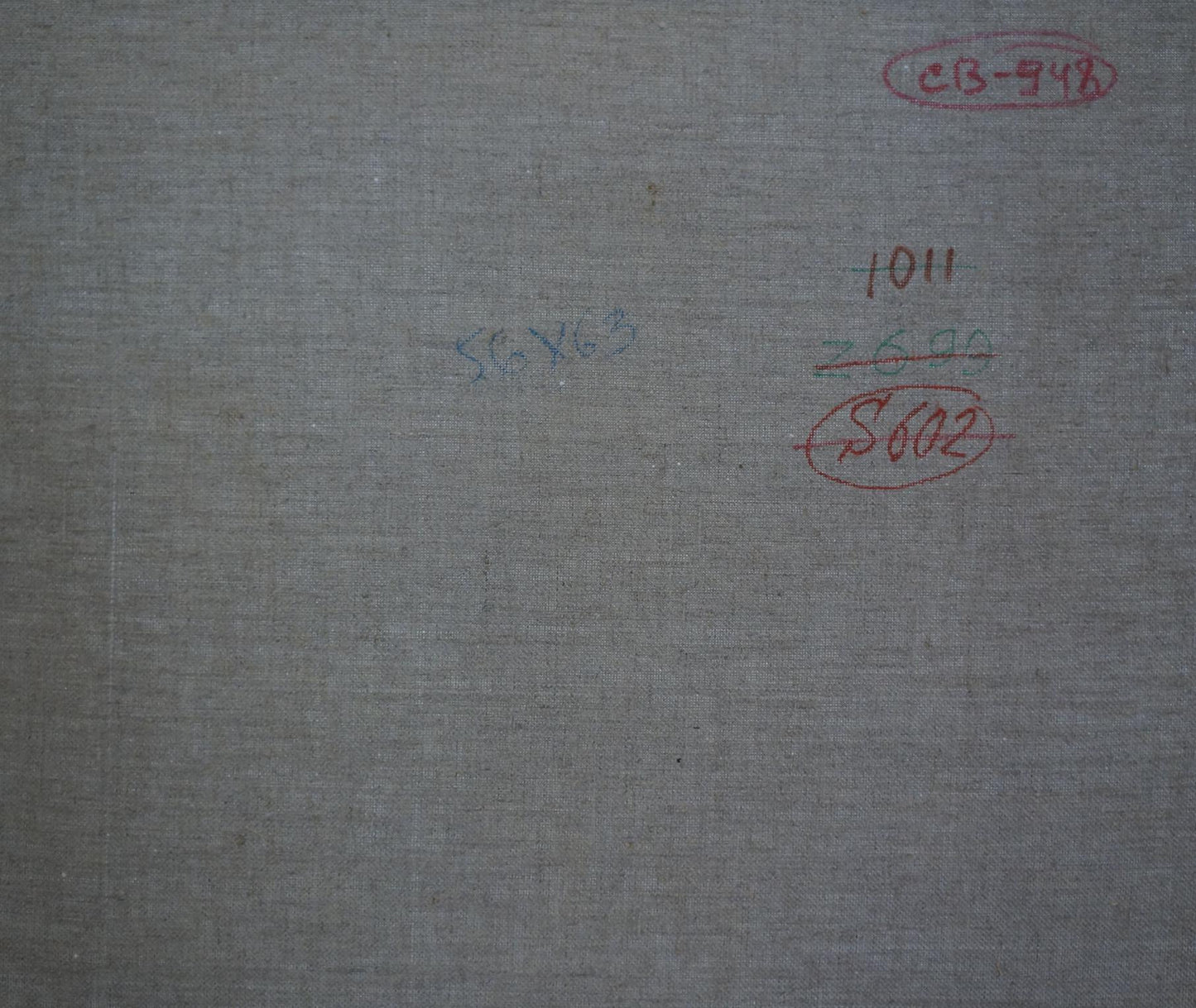 Back of Sevastyanov Viktor Grigorievich oil painting on gray fabric with red blue ink marks