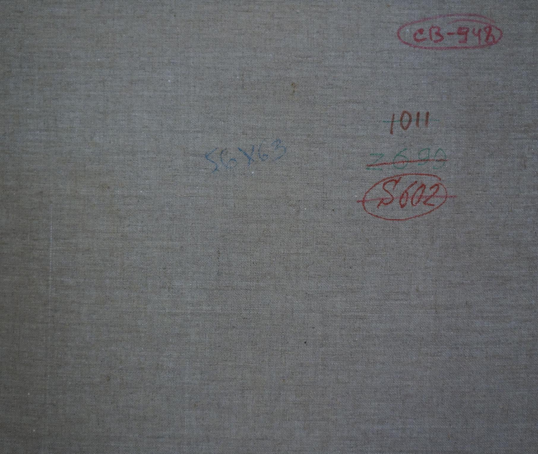 Back of Sevastyanov Viktor Grigorievich oil painting on gray fabric with red blue ink marks