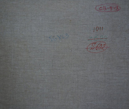 Back of Sevastyanov Viktor Grigorievich oil painting on gray fabric with red blue ink marks