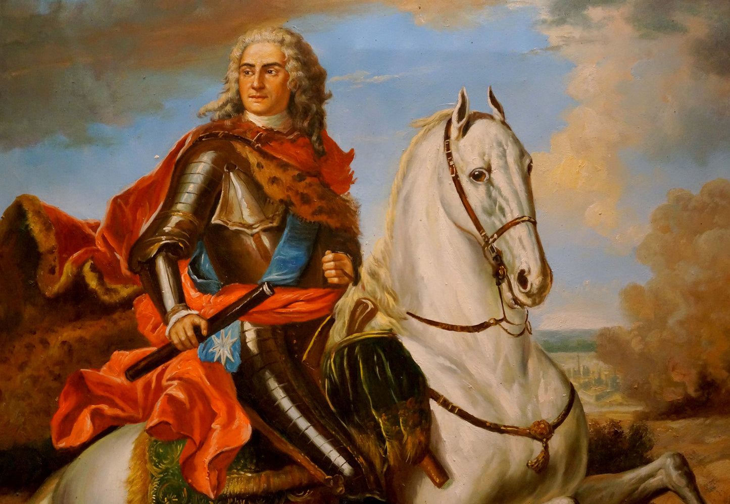 Oil painting portrait of Karl 12 on regal white horse with ornate tack