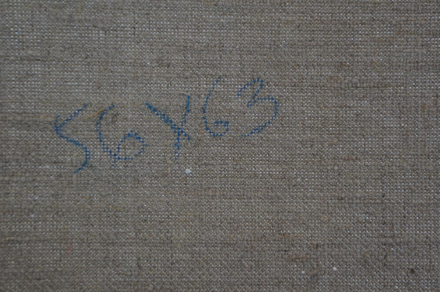Back of Oil painting Children on the shore by Sevastyanov Viktor Grigorievich, gray textured canvas with blue handwritten markings