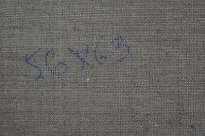 Back of Oil painting Children on the shore by Sevastyanov Viktor Grigorievich, gray textured canvas with blue handwritten markings