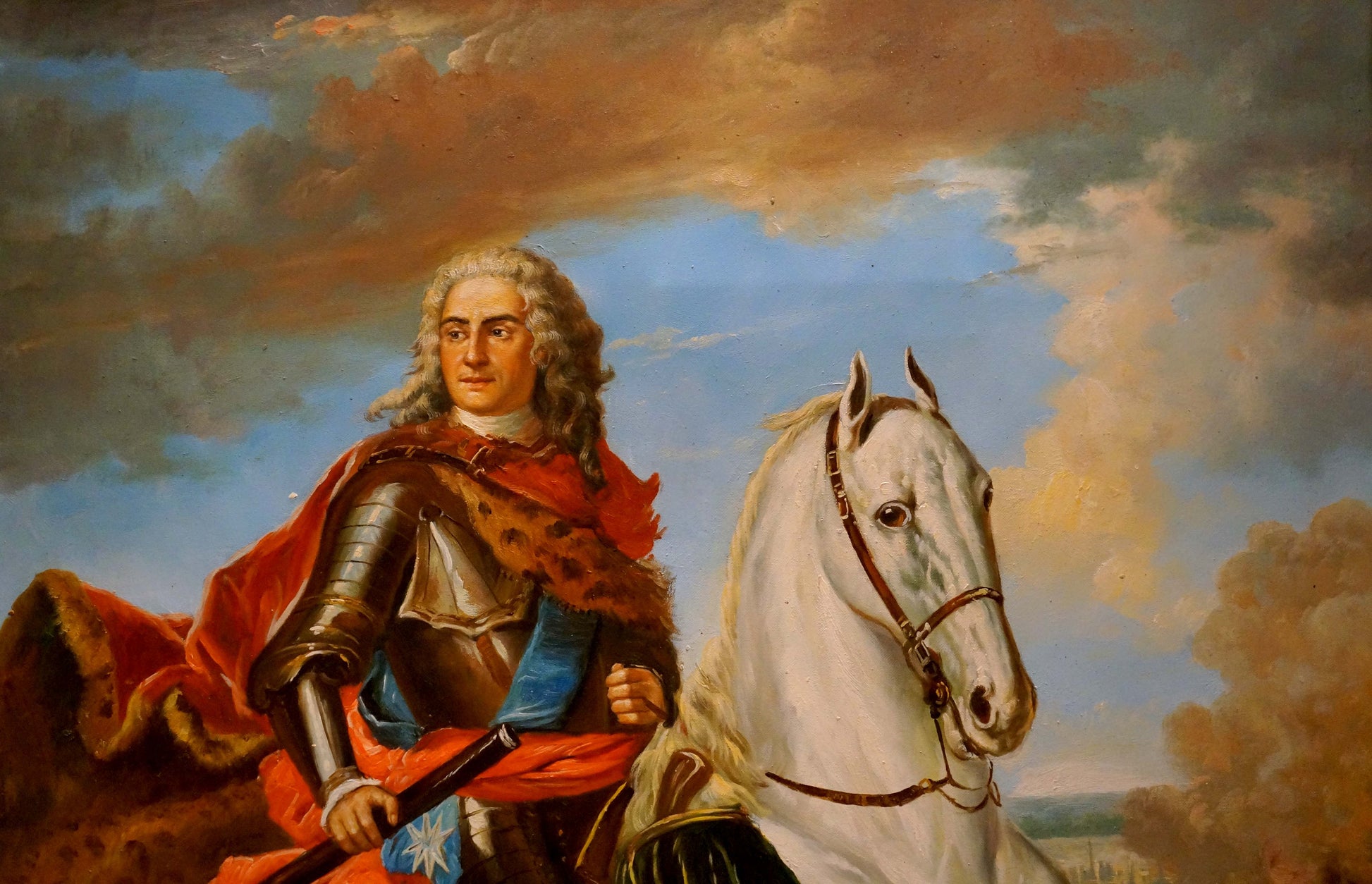 Oil painting portrait of Karl 12, nobleman in ornate armor on white horse