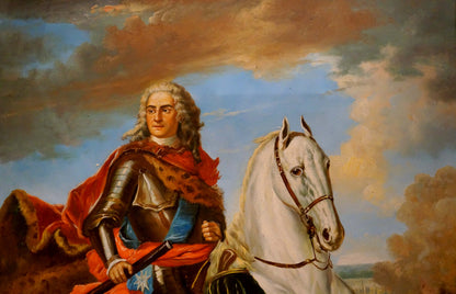 Oil painting portrait of Karl 12, nobleman in ornate armor on white horse