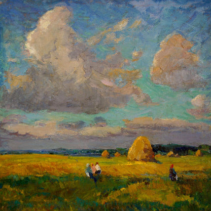 Oil painting by Sevastyanov Viktor Grigorievich: golden hay bales in sunlit field