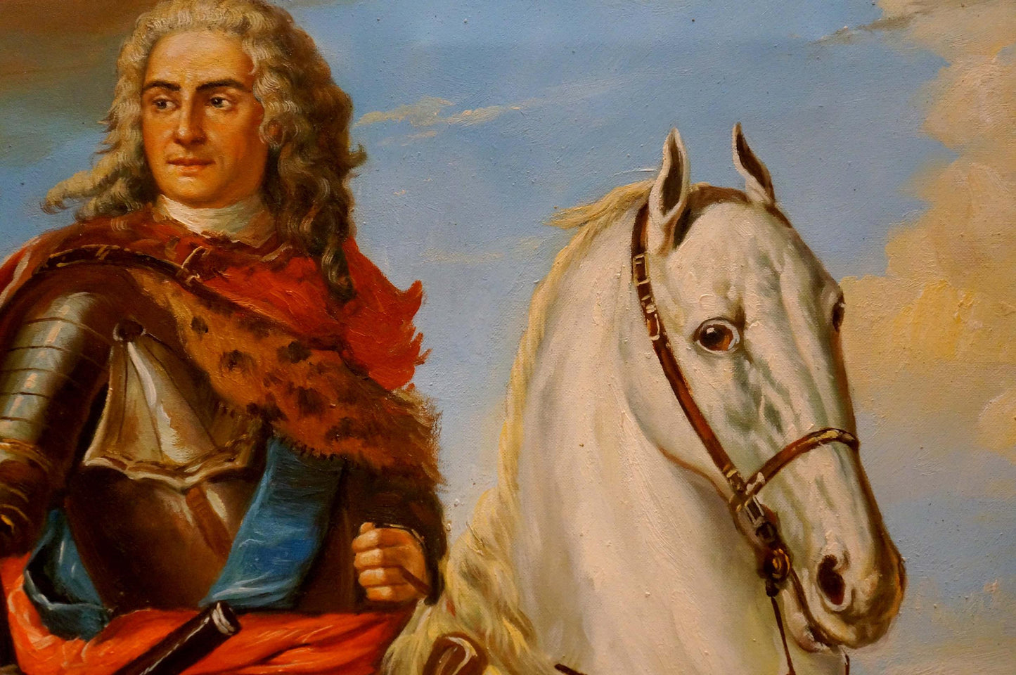 Oil painting portrait of Karl 12 on white horse with brown bridle