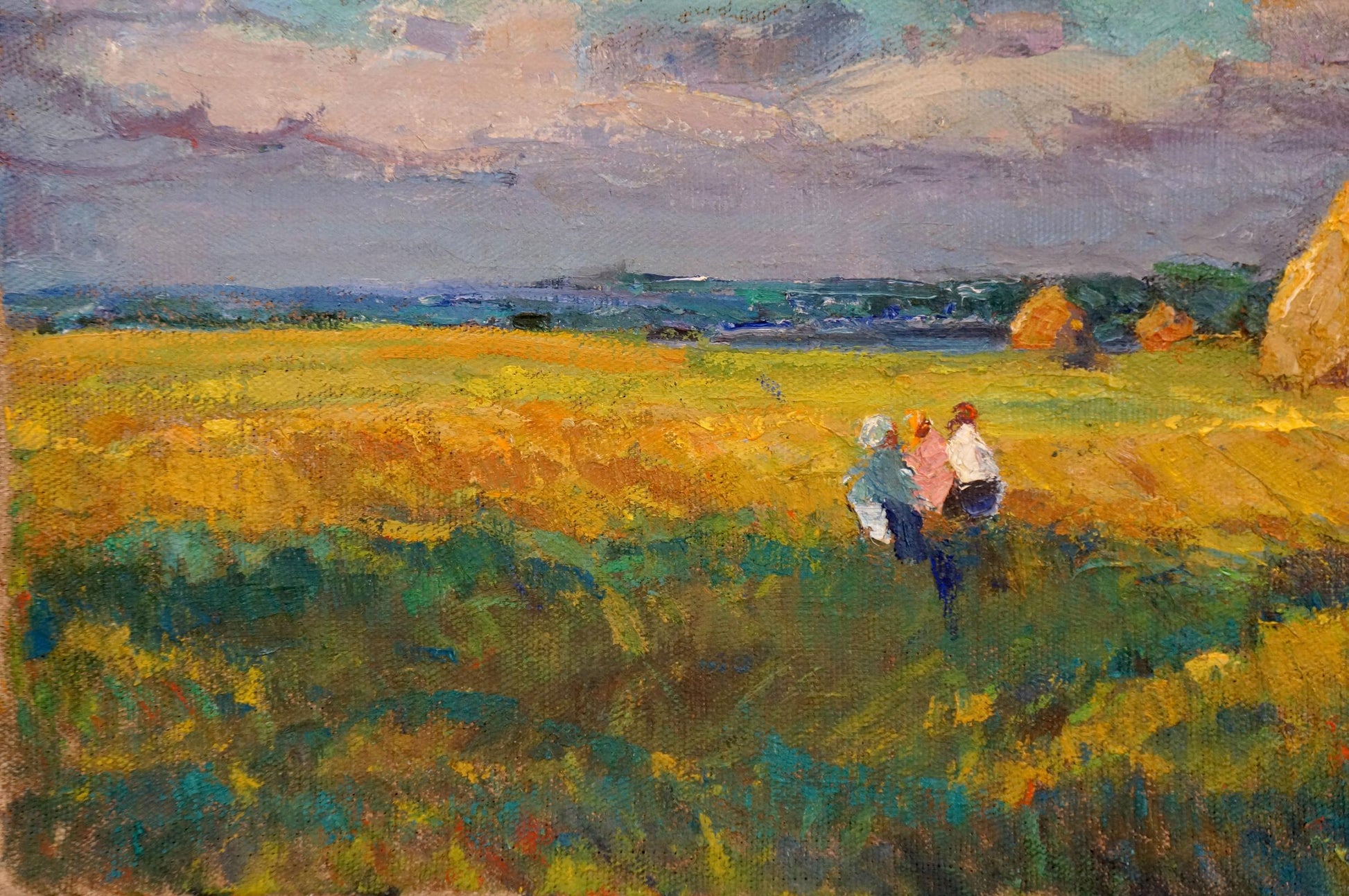 Vibrant impressionistic oil painting by Sevastyanov Viktor Grigorievich of golden field under cloudy sky