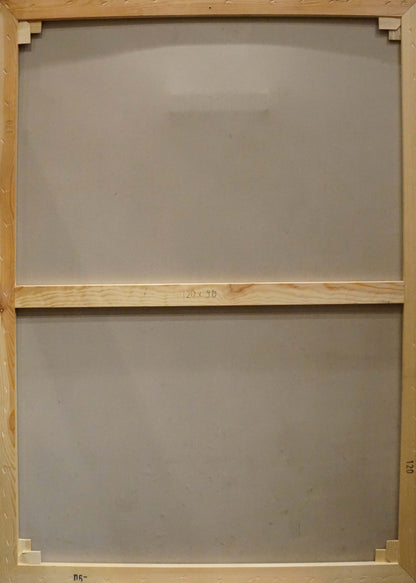 Back of Oil painting Portrait of Karl 12 on light wood frame with gray backing