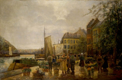Vibrant oil painting by R. Hornemann: bustling canal market with flowers