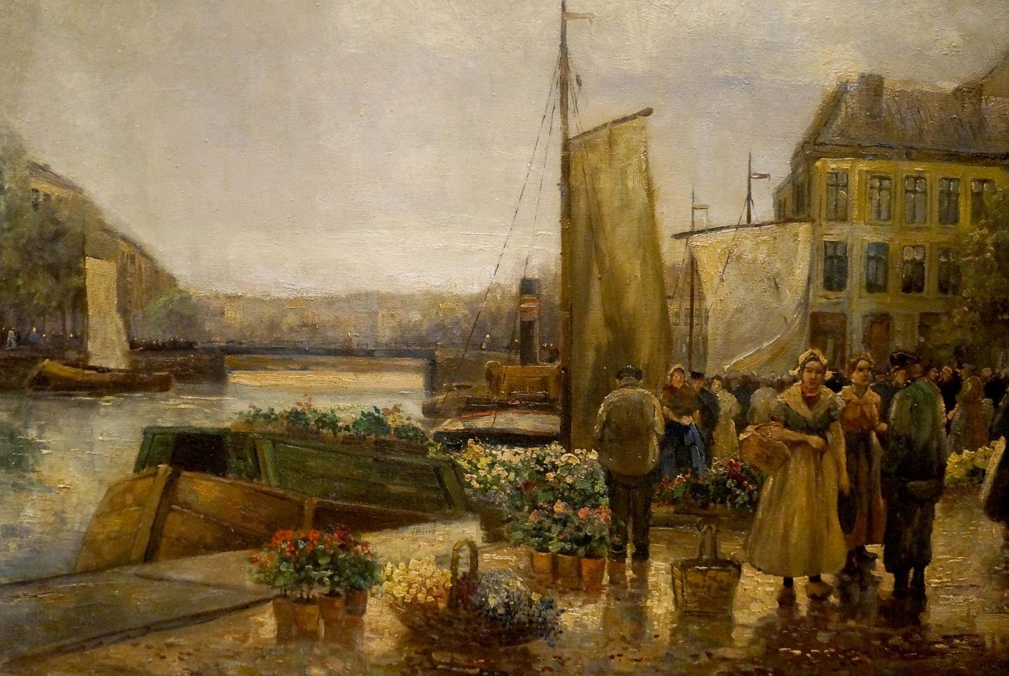 Impressionist oil painting by R. Hornemann: vibrant floral market on canal dock