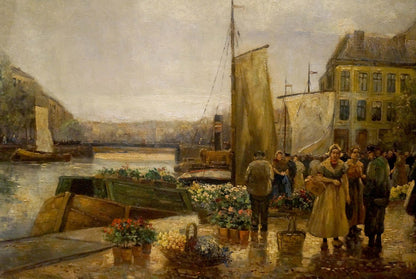 Impressionist oil painting by R. Hornemann: vibrant floral market on canal dock