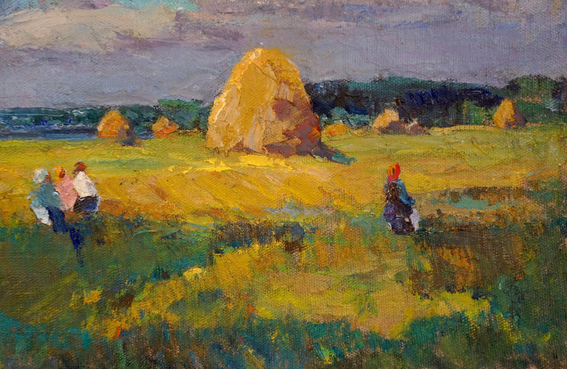 Golden hay bale in sunlit field oil painting by Sevastyanov Viktor Grigorievich