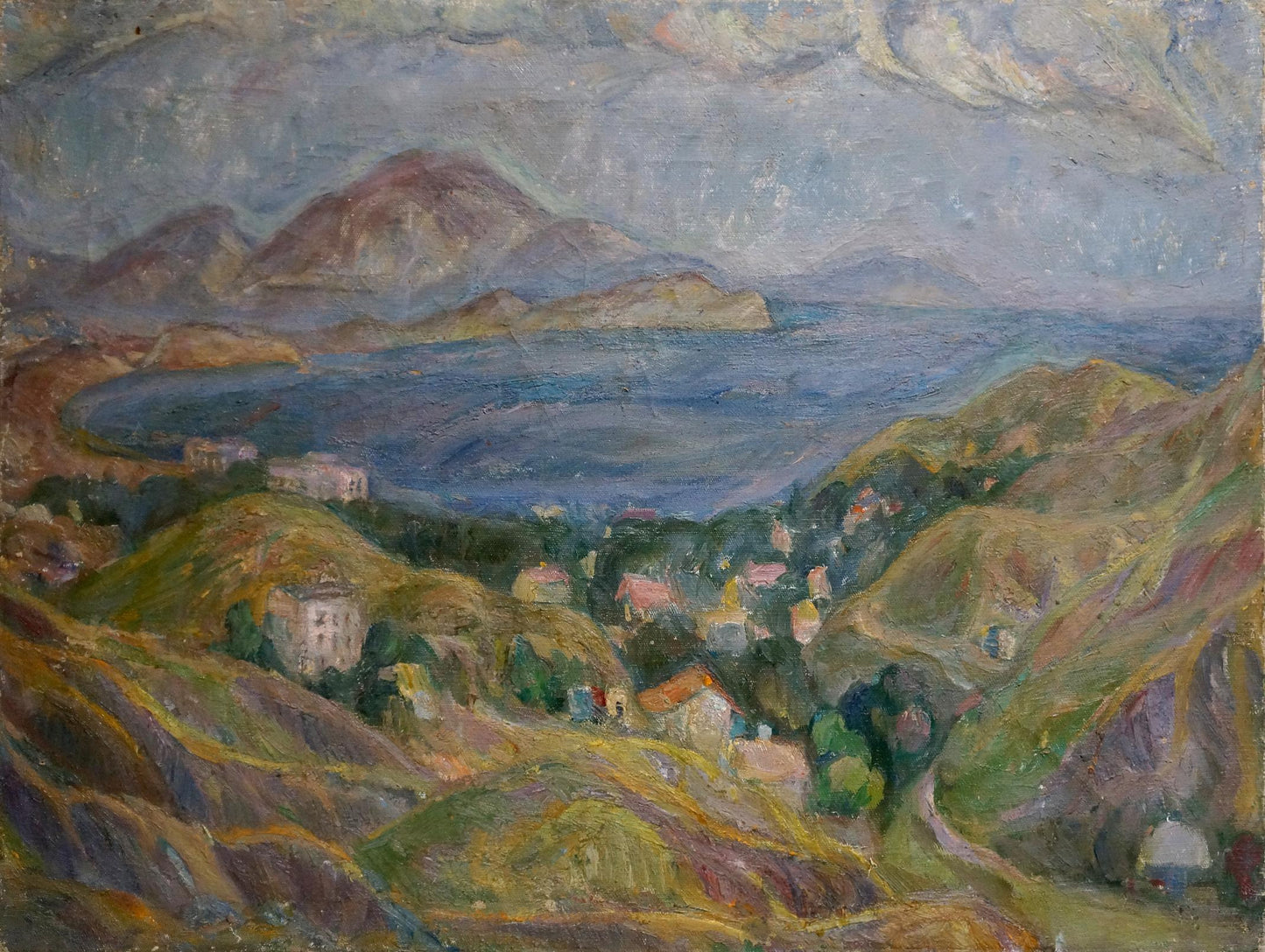 Oil painting Landscape Lebedeva V.N.: coastal village in green hills
