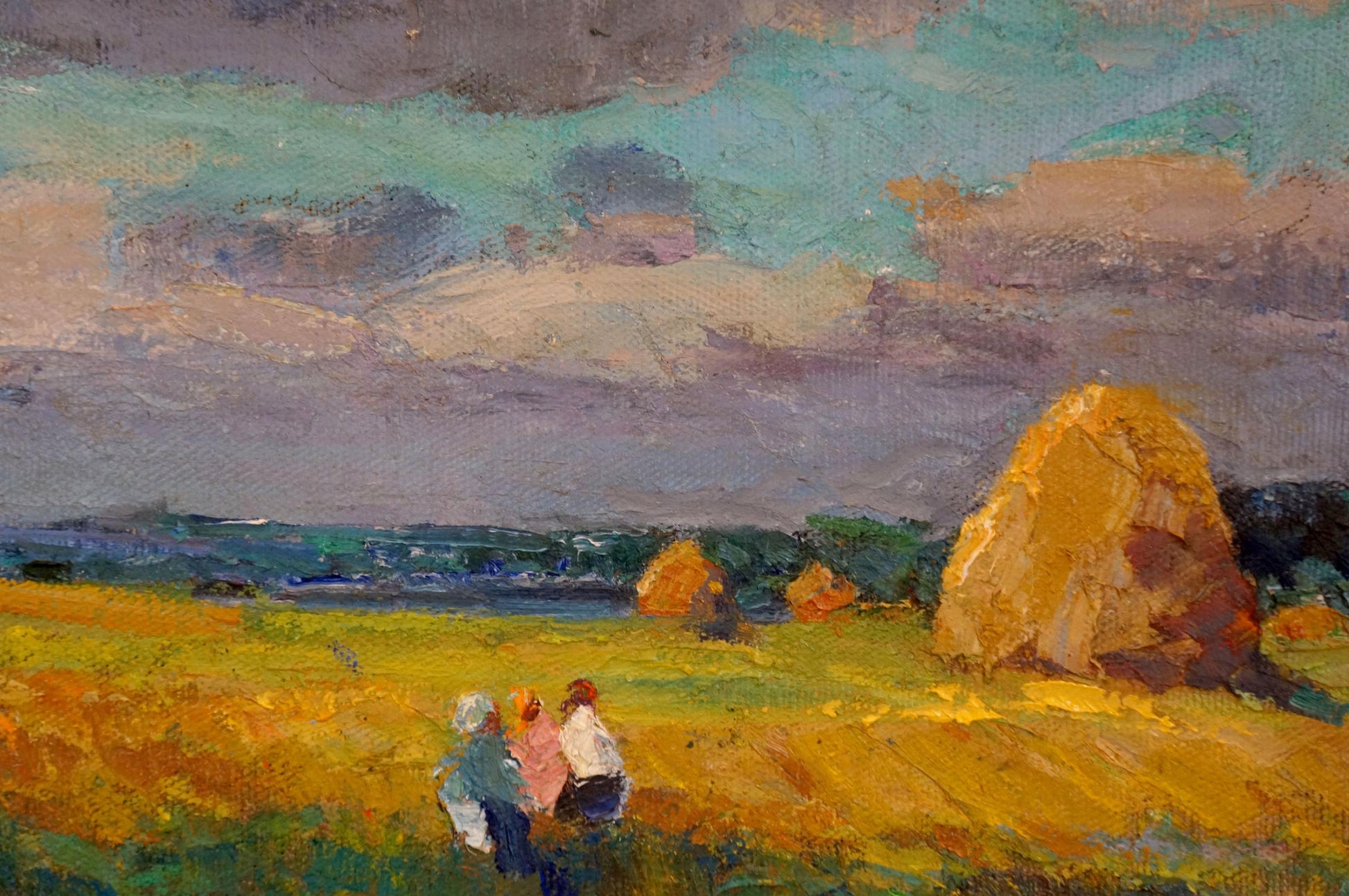 Vibrant impressionistic oil painting by Sevastyanov Viktor Grigorievich: golden field, haystacks, figures