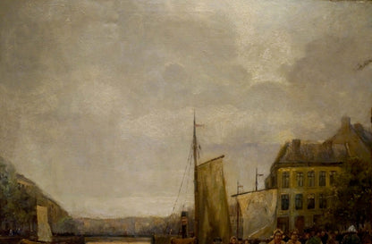 Oil painting by R. Hornemann: muted yellow building by canal