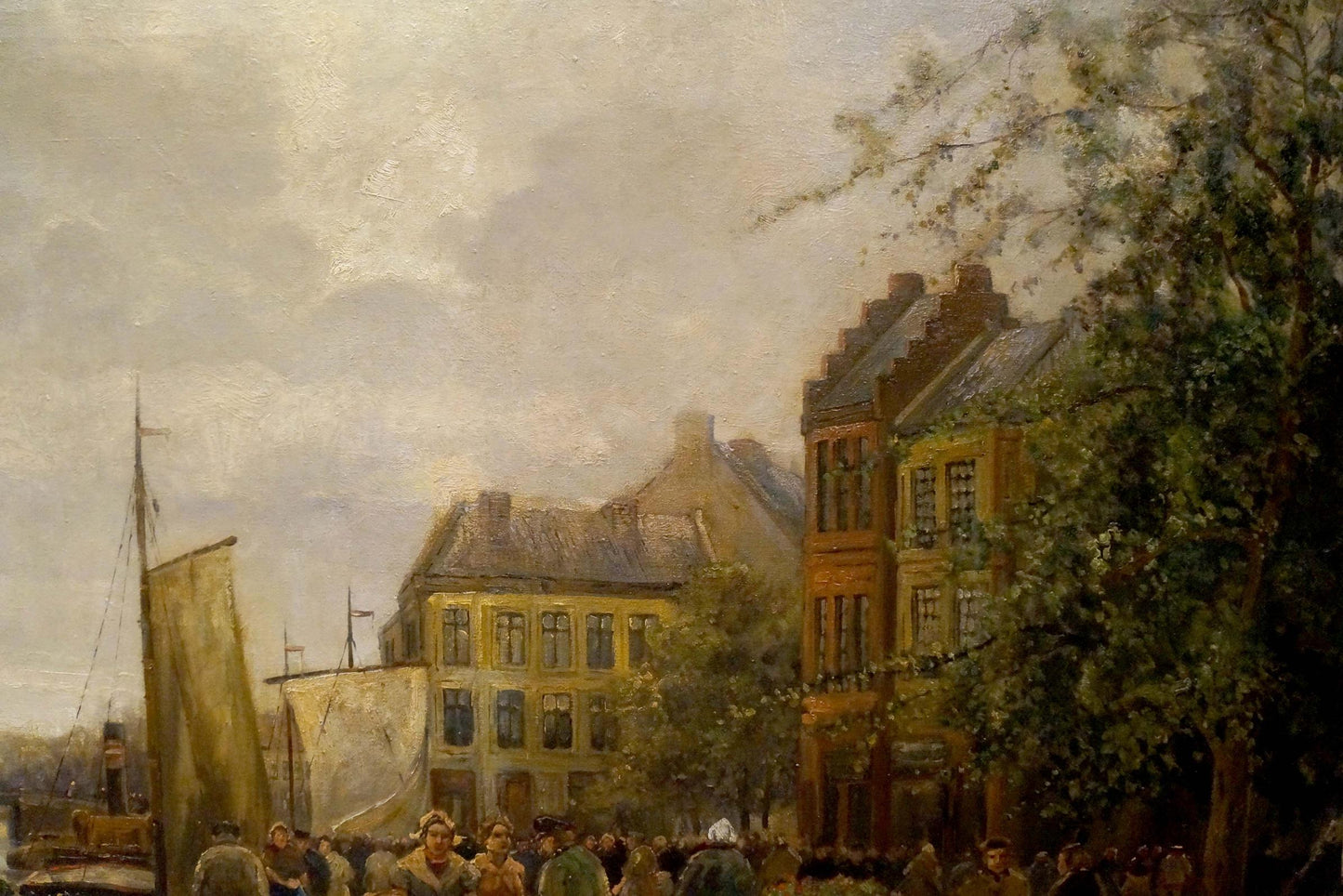Oil painting of bustling European town by R. Hornemann, sailboat scene