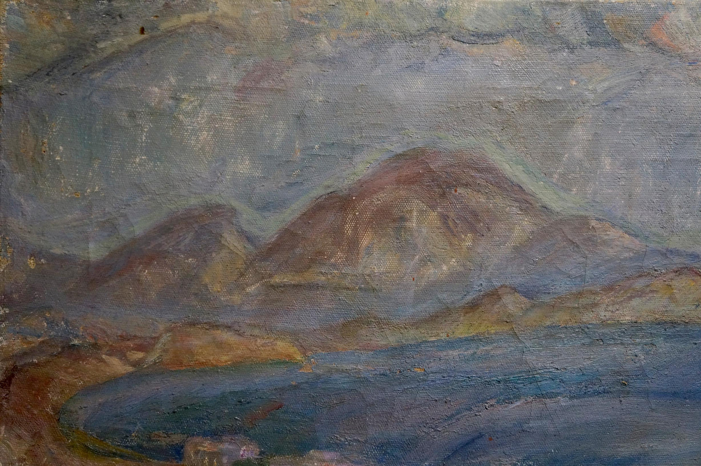 Oil painting Landscape Lebedeva V.N. textured coastal mountains in earth tones