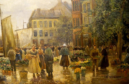 Vibrant oil painting of bustling European street market by R. Hornemann