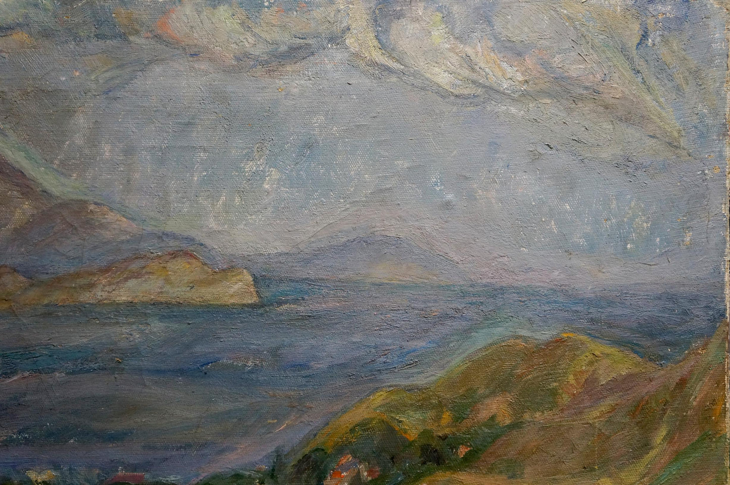 Oil painting Landscape Lebedeva V.N. textured coastal hills moody sky