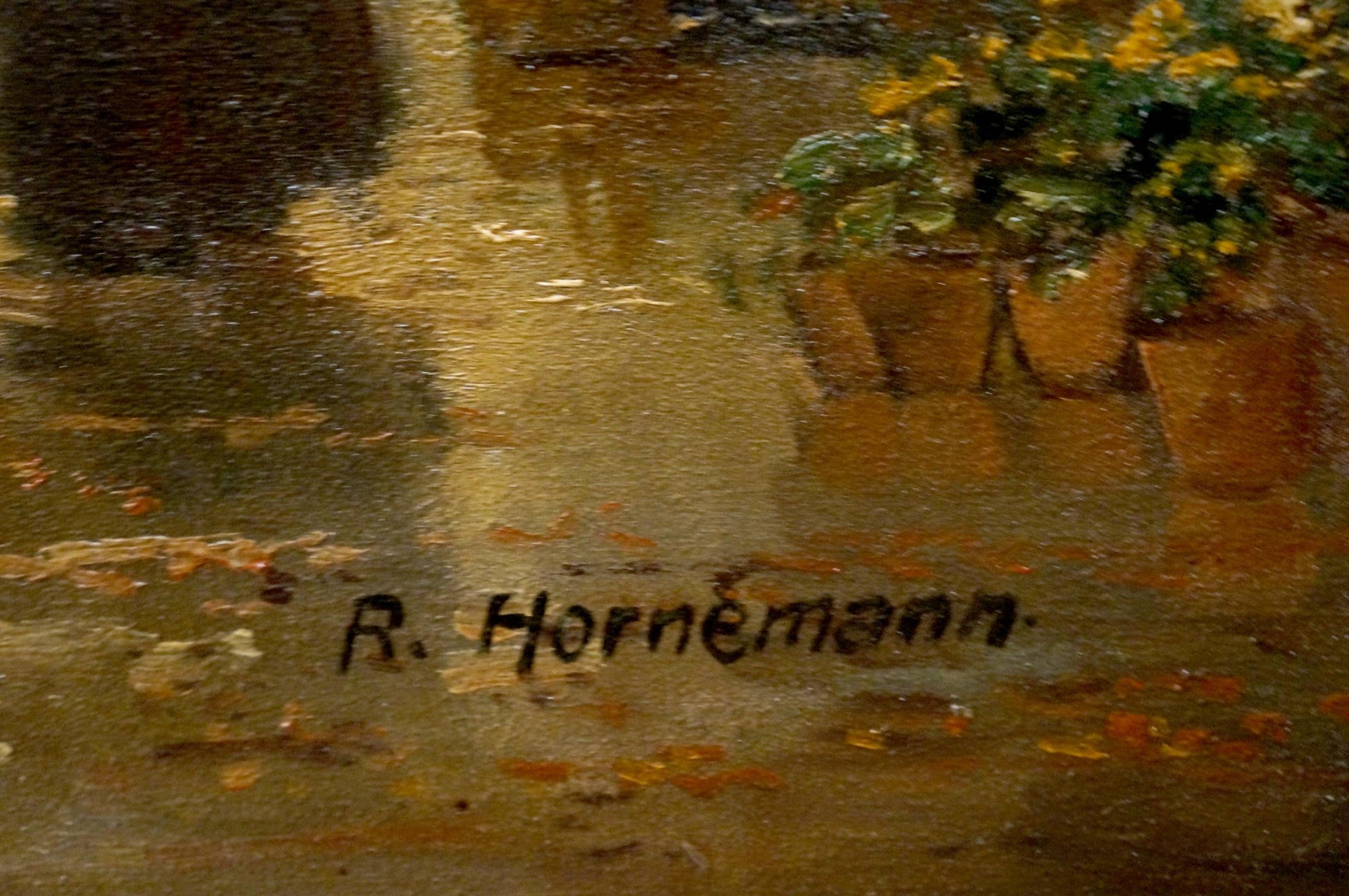 Oil painting City life R. Hornemann signature r. detail