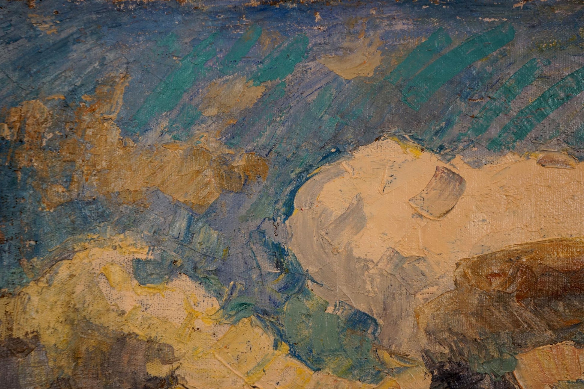 Oil painting Before the Rain by Sevastyanov Viktor Grigorievich, teal blue ochre brushstrokes