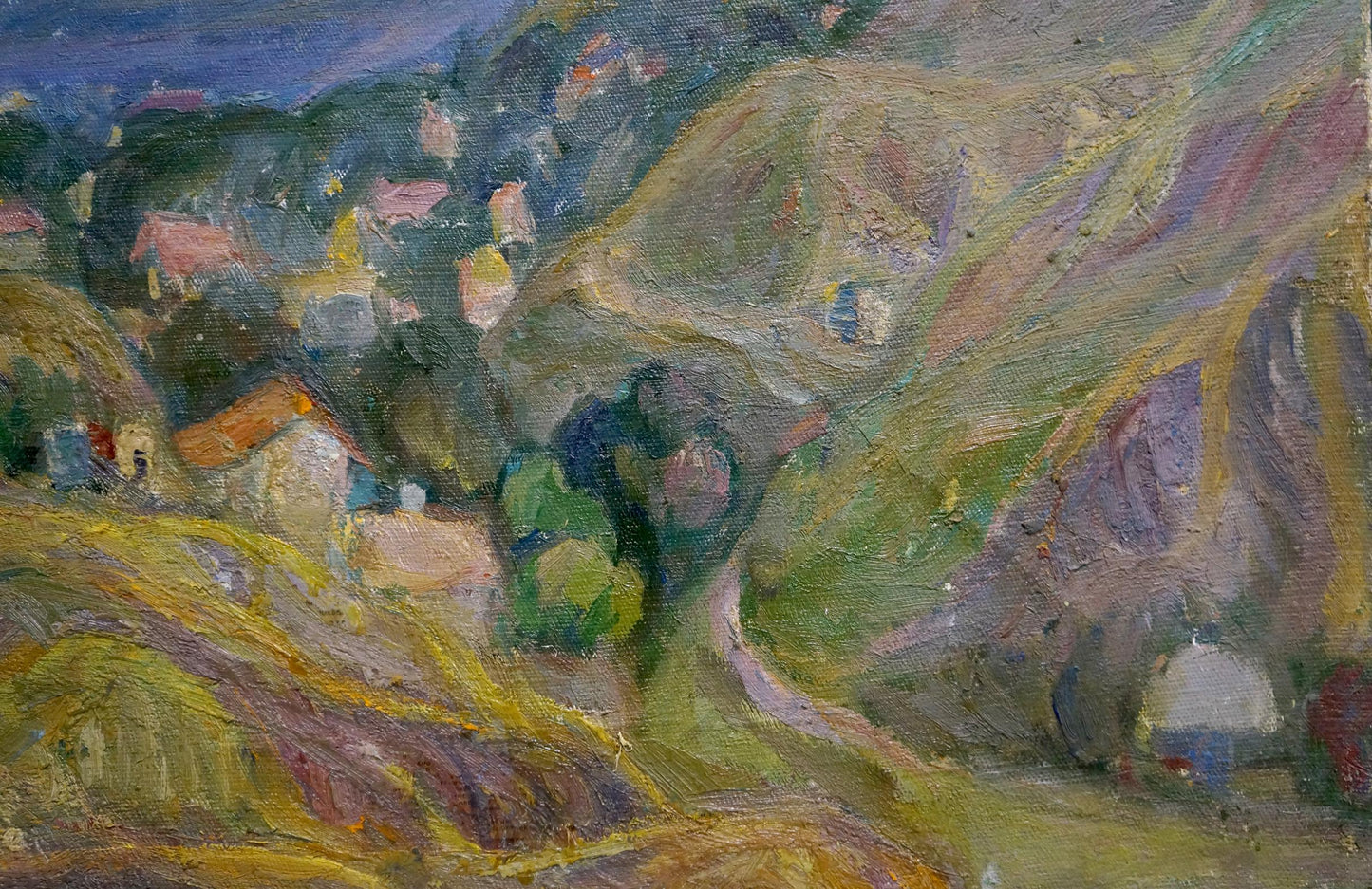 Vibrant impressionist oil painting by Lebedeva V.N. of hillside village