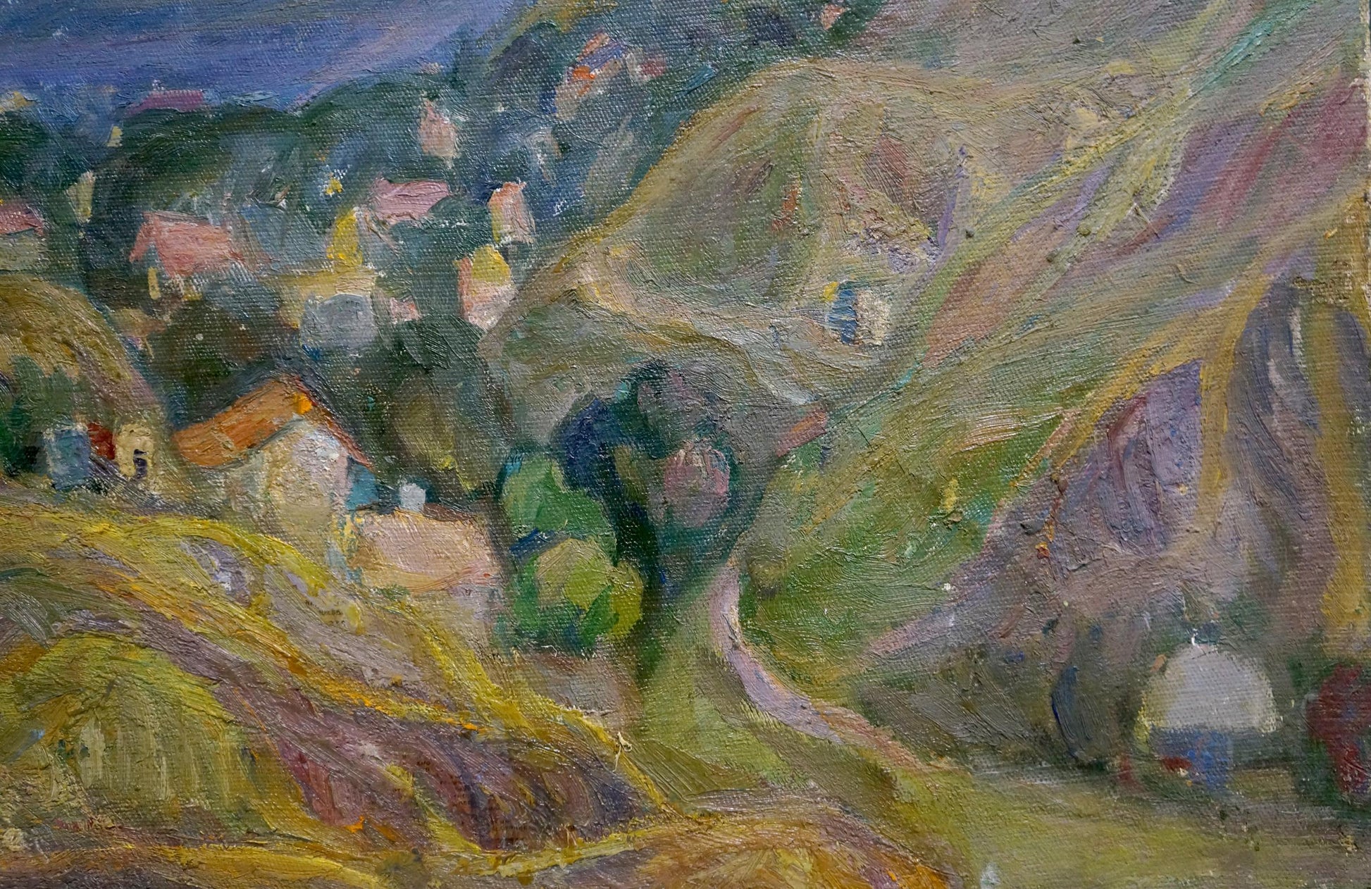 Vibrant impressionist oil painting by Lebedeva V.N. of hillside village