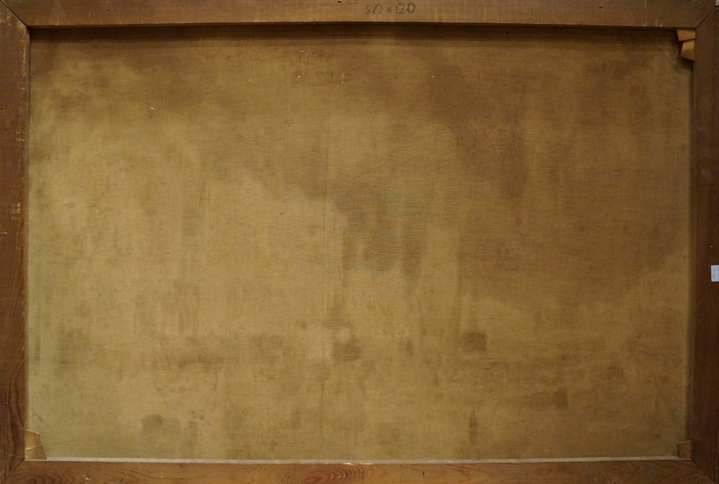 Back of framed Oil painting City life R. Hornemann with beige canvas and dark wood frame