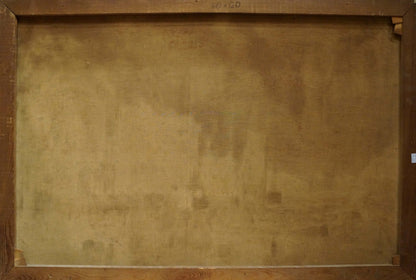 Back of framed Oil painting City life R. Hornemann with beige canvas and dark wood frame