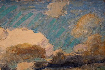 Oil painting Before the Rain by Sevastyanov Viktor Grigorievich, textured blue teal clouds