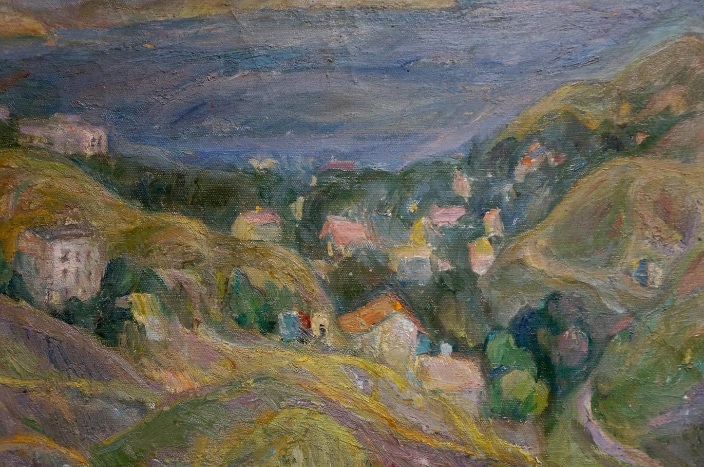 Vibrant impressionist oil painting by Lebedeva V.N. of hillside village landscape