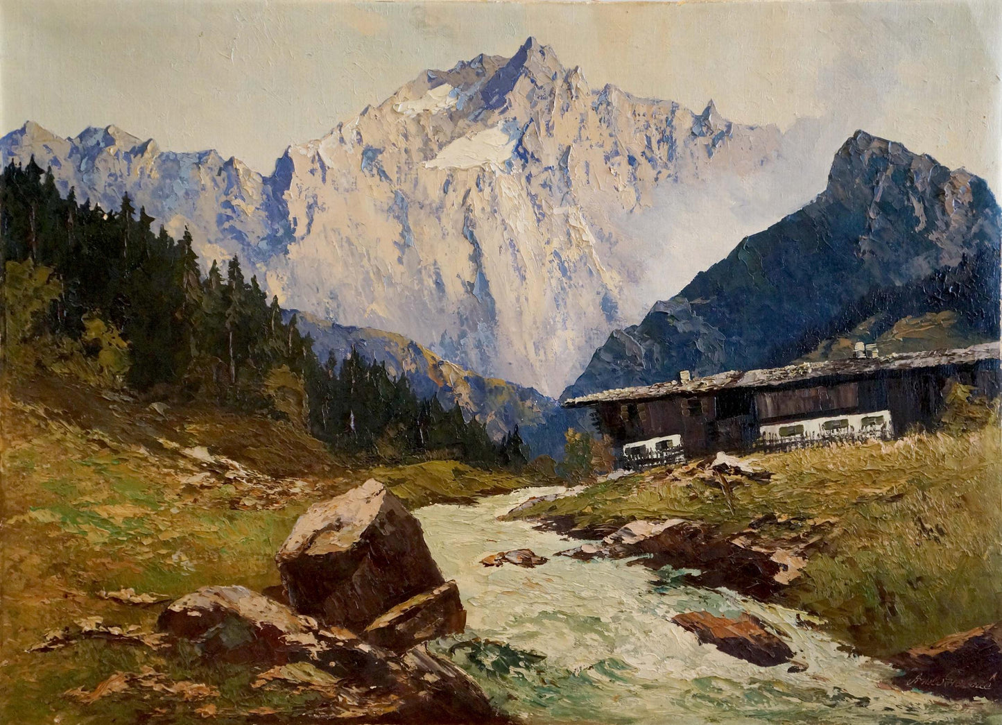 Oil painting of snow-capped mountain range with green forested slopes