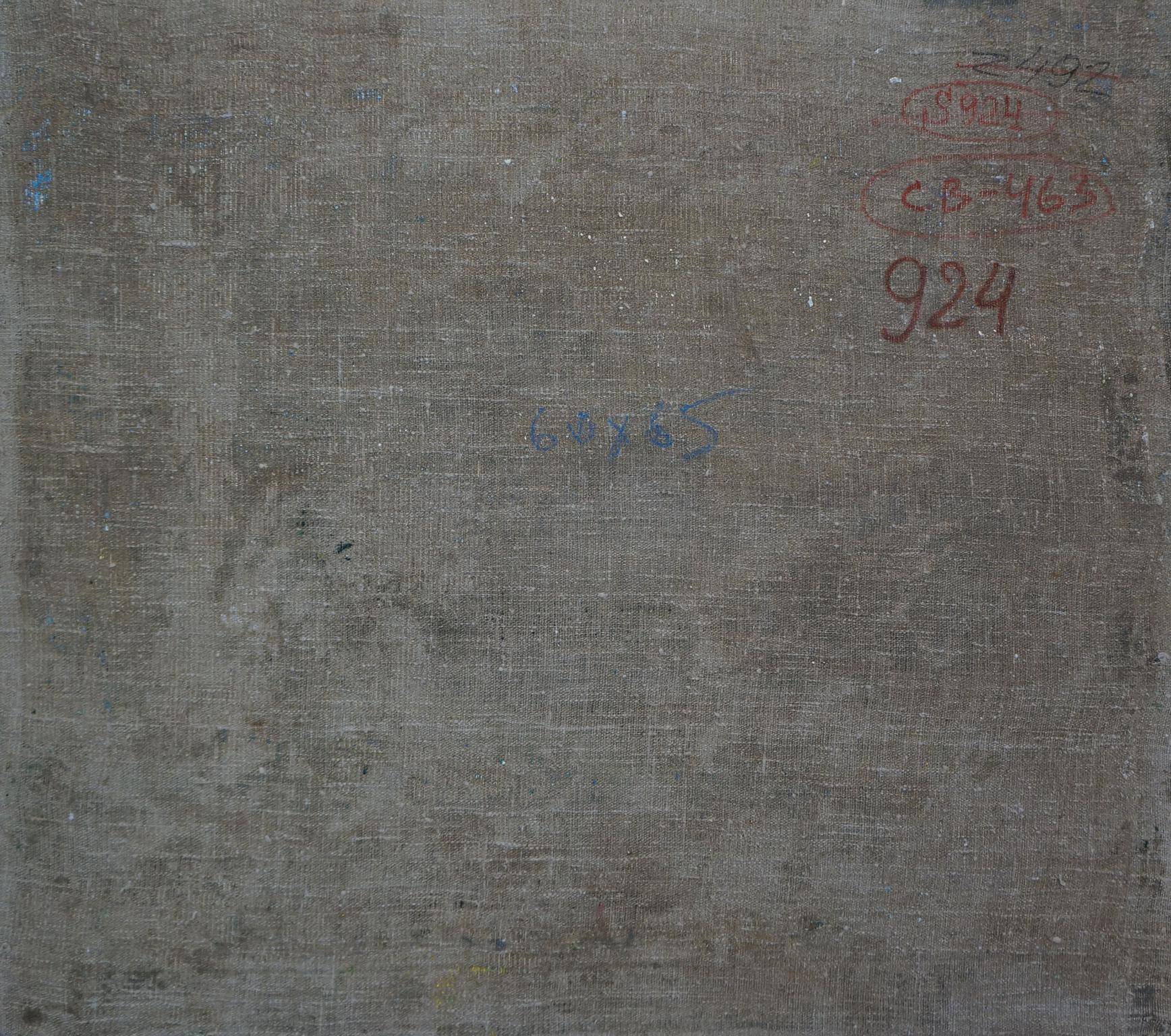 Back of Oil painting Before the rain by Sevastyanov Viktor Grigorievich, gray textured canvas with red and blue ink markings