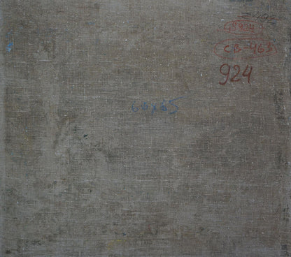 Back of Oil painting Before the rain by Sevastyanov Viktor Grigorievich, gray textured canvas with red and blue ink markings
