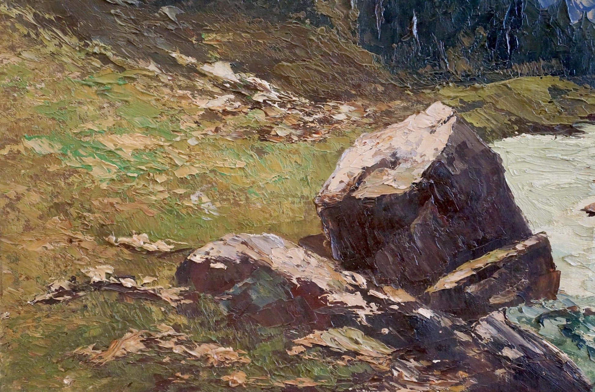 Textured impressionistic oil painting of rugged mountain rocks in earthy tones