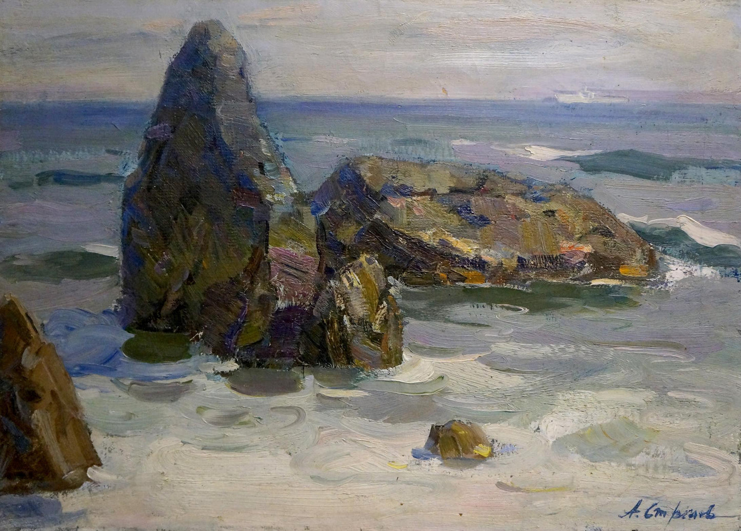 Oil painting of tall textured dark gray brown rock in ocean waves by Strelov Arkady Efimovich