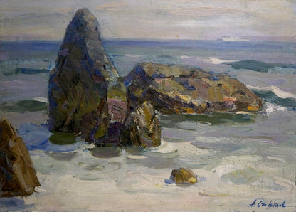 Oil painting of tall textured dark gray brown rock in ocean waves by Strelov Arkady Efimovich