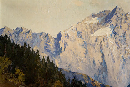 Oil painting Mountain Freshness: majestic snow-capped peaks and evergreen forests