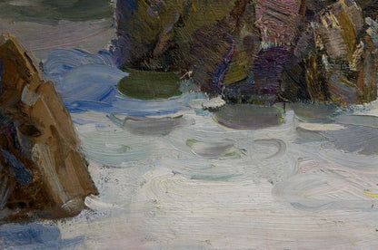 Oil painting Near the sea by Strelov Arkady Efimovich, rugged coastal rocks and waves