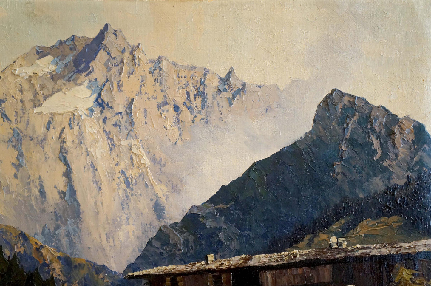 Oil painting Mountain freshness: snow-dusted peaks and rustic cabin